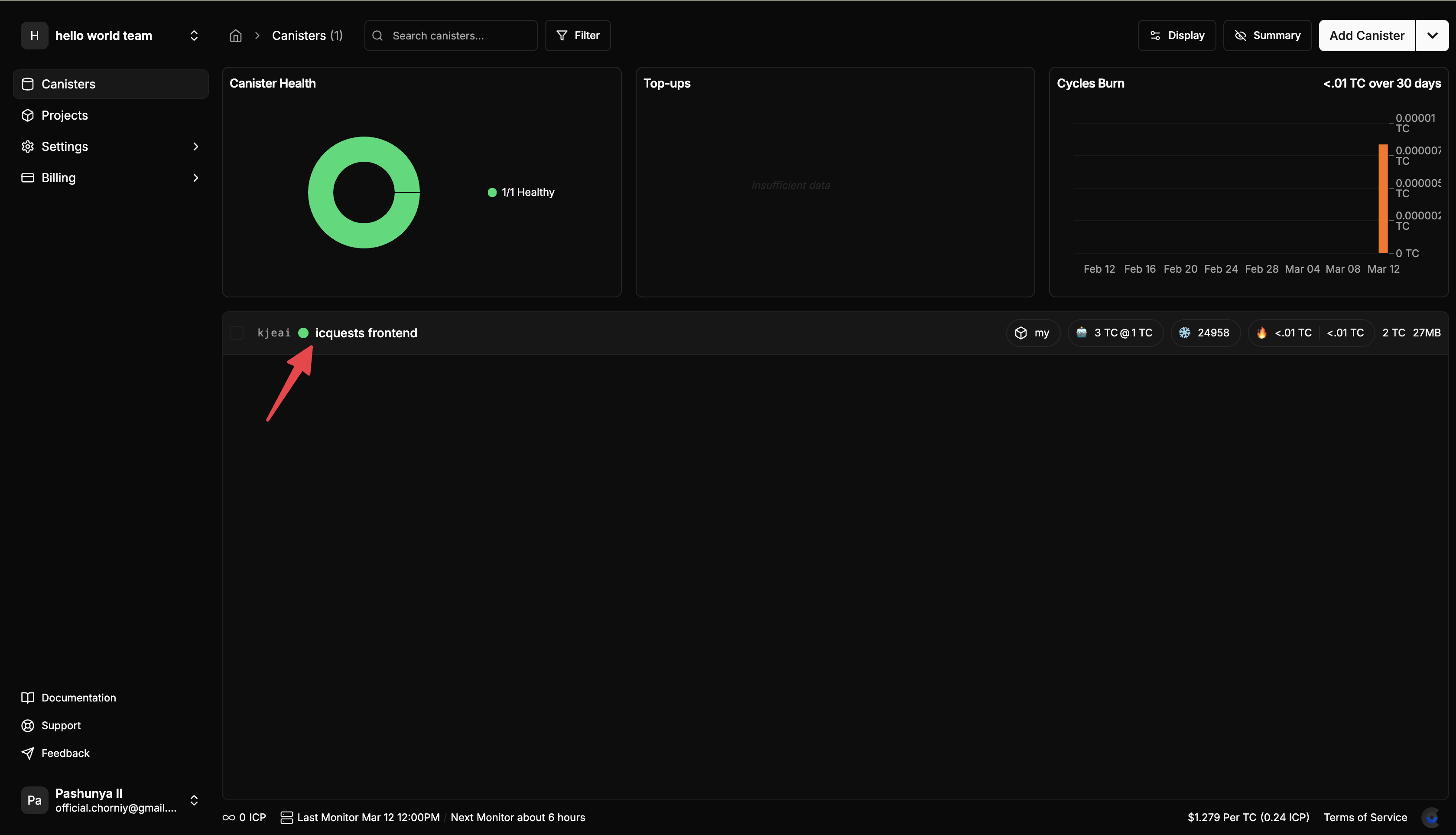 Canister Dashboard - Screenshot should show the main dashboard with a list of canisters and highlight where to click to access canister details